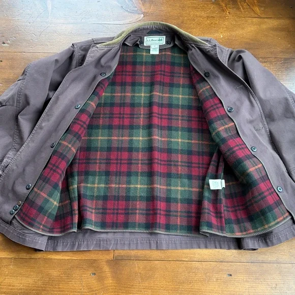 Vintage L.L. Bean Brown Canvas Field Coat Jacket Wool Plaid Lined Men's XL - Picture 11 of 15